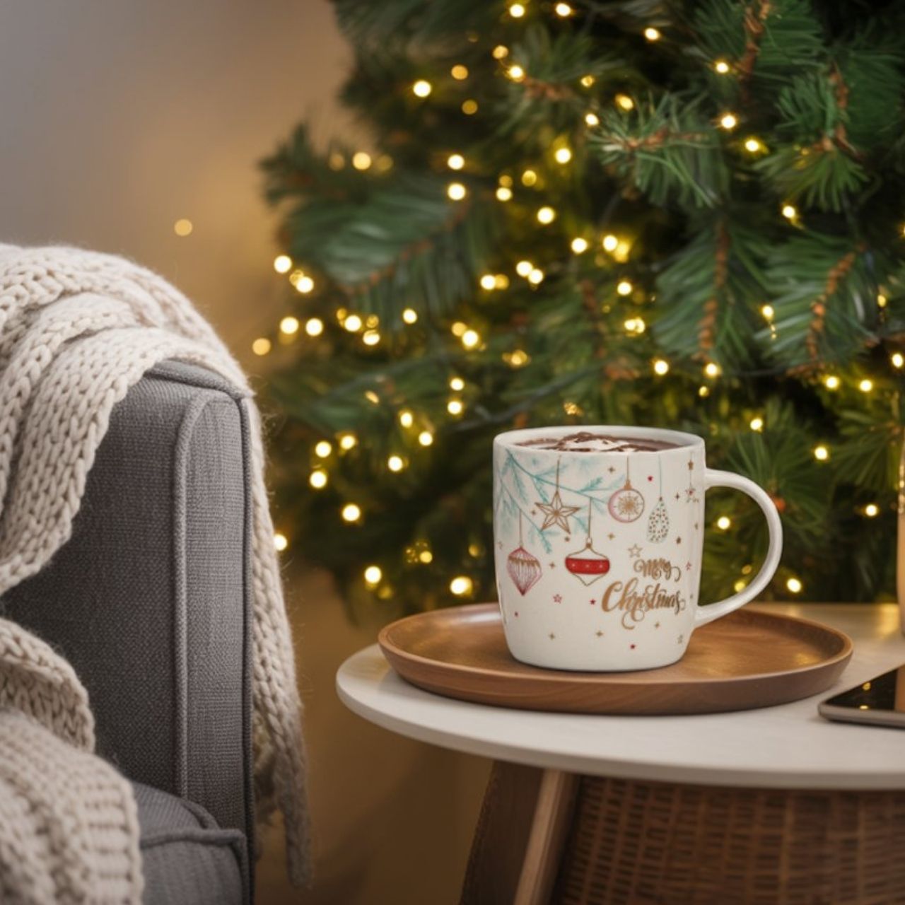 Mug Merry Christmas, tree, Christmas baubles decor made of porcelain white, gold 2-fold, (W/H/D) 12x9x9cm 340ml