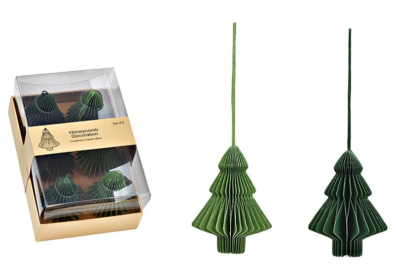 Hanger Honeycomb fir tree 5x7,5x5cm set of 6, made of paper/cardboard green 2-fold, (W/H/D) 18x9x12cm
