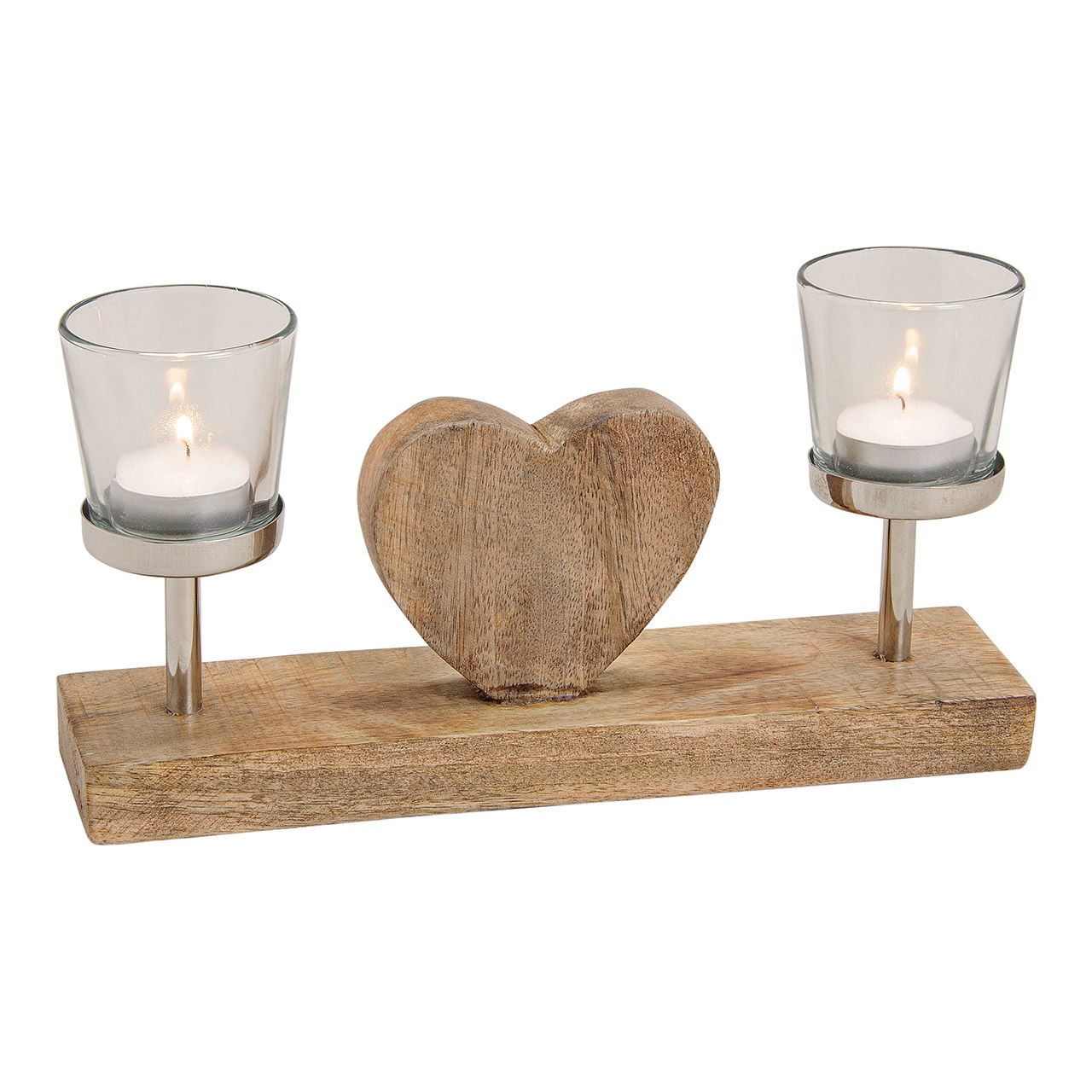 Windlight hearthshape for 2 tealights, metal/mango wood/glass, brown, (w/h/d) 28x16x7cm