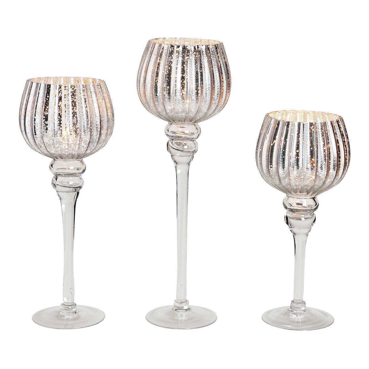 Wind light set goblet fluted, 30, 35, 40 cm x Ø13cm made of silver glass set of 3 Wind light set goblet fluted, 30, 35, 40 cm x Ø13cm made of silver glass set of 3