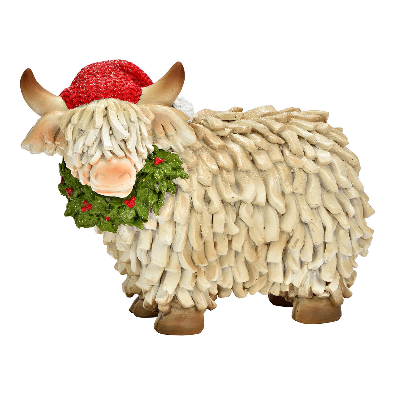 Highland cow with Christmas decoration made of poly, white (W/H/D) 16x12x8cm