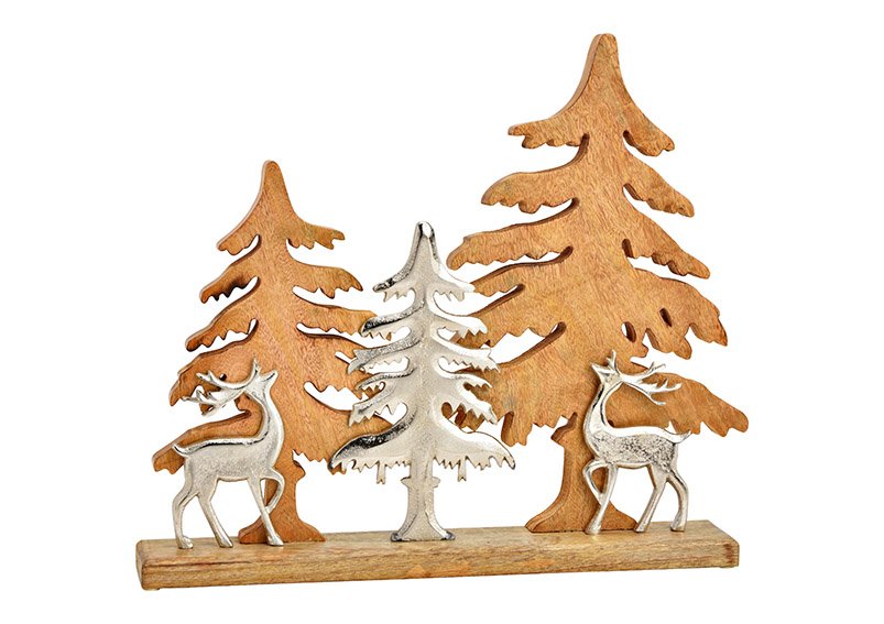 Abete da esposizione con cervo in metallo, decorazione per albero, in legno di mango naturale (L/H/D) 48x42x7cm