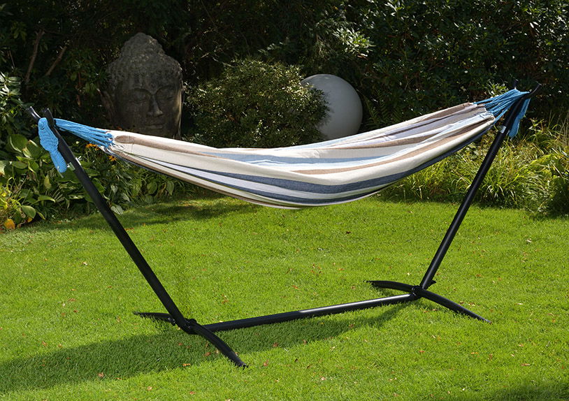 Hammock set, stander 260x100x100cm, stee tube dia 42mm, max weight 200 kgs, hammock size 200x150cm, rope size 285cm x4cm, set of 2, packing each piece packed in a black carry bad, then in brown master carton