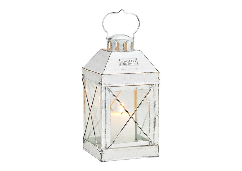 Lantern white metal/glass 14x14x27cm