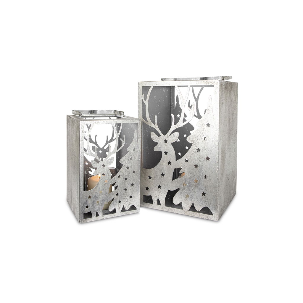 Set di lanterne 2 cervi e abeti, metallo, 16x18x26,5 cm 24x22,5x37cm, 2 pezzi/set, argento , EAN-S: 4065557004945, EAN-L: 4065557004952