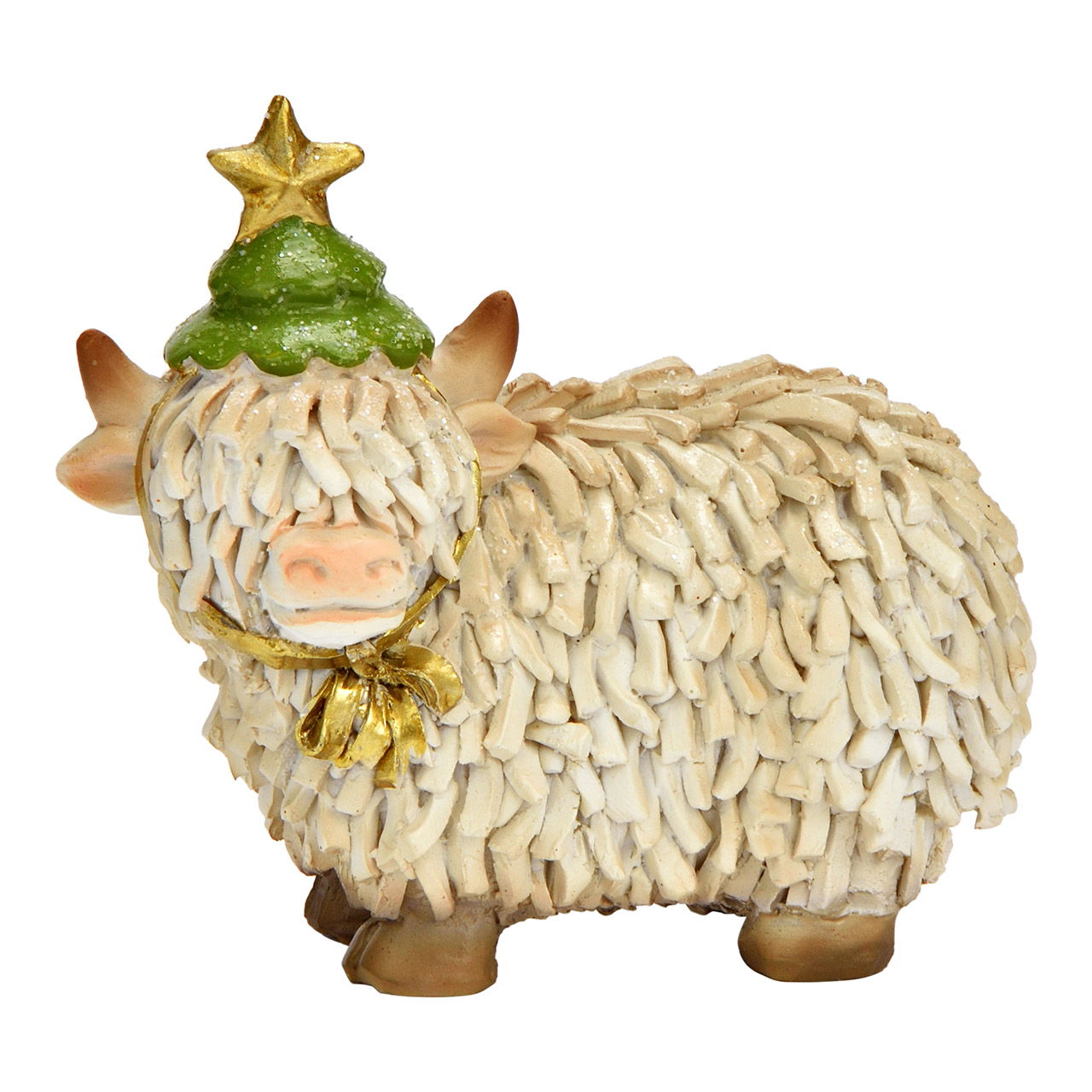 Figurita de vaca de las Highlands con gorro de Navidad de poliéster, blanco/verde (A/A/A) 11x9x5cm Figurita de vaca de las Highlands con gorro de Navidad de poliéster, blanco/verde (A/A/A) 11x9x5cm