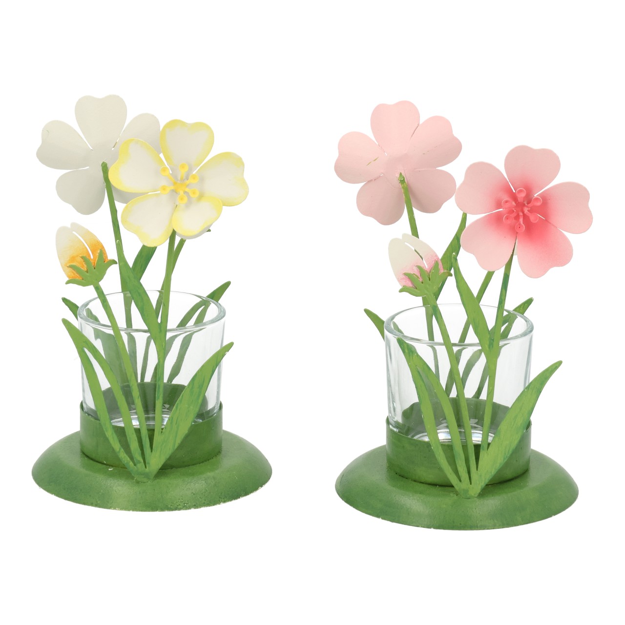 Photophore « Fleurs » en métal/verre, assortiment de 2 modèles colorés (L/H/P) 8 x 12 x 8 cm Miniaturblumen, Orchideen-ähnlich, Glasvase, grüner Sockel, Daisy-ähnliche Blüten
