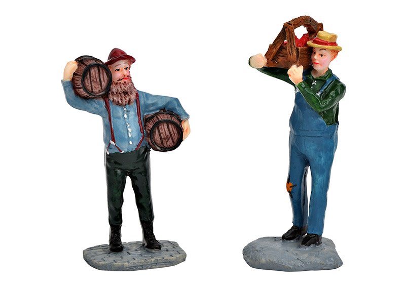 Figurines miniatures d'ouvriers de brasserie, de marchands de légumes, en poly multicolore 2 fois, (L/H/P) 3x6x2cm 3x7x2cm