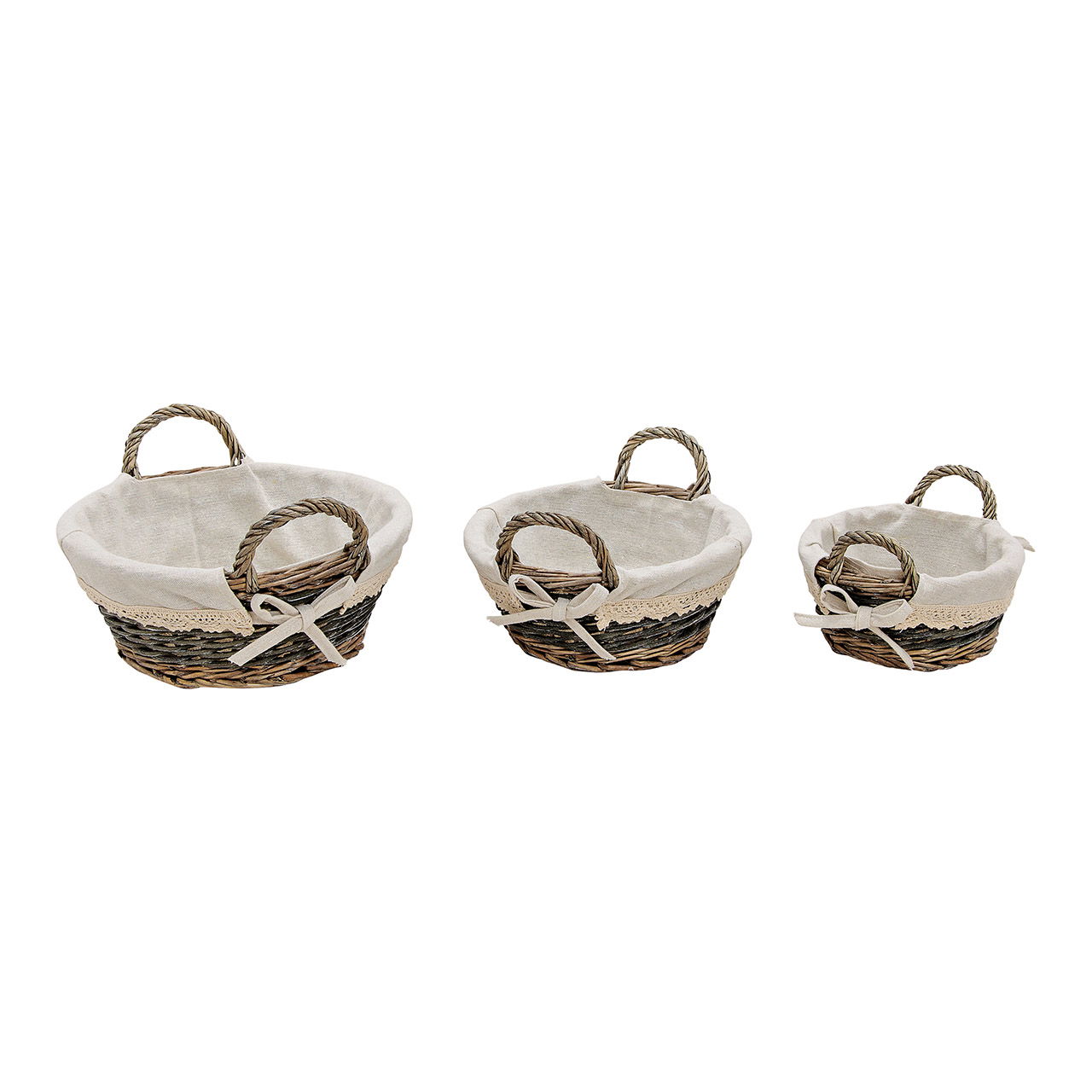 Basket set of 3, willow weave, with textile inlay, beige color, 30x16x28cm