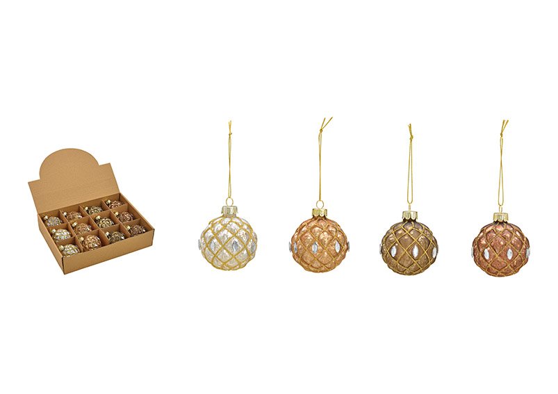 Boule de Noël avec motif 3D pailleté or, pierres scintillantes en verre Coloré 4 fois, Ø6cm