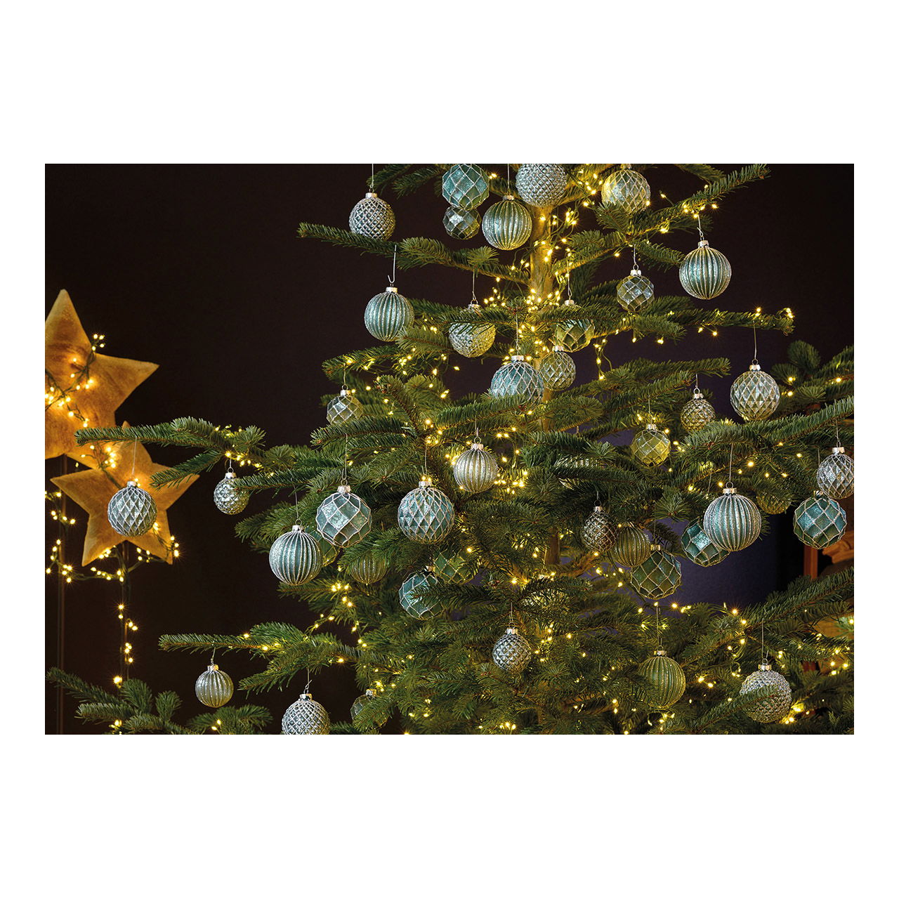 Weihnachtskugel Glitter aus Glas, 4-fach, Türkis/Silber Ø6cm Pflanze, Baum, Weihnachtsdekorationen, Festival, Weihnachtsbaum