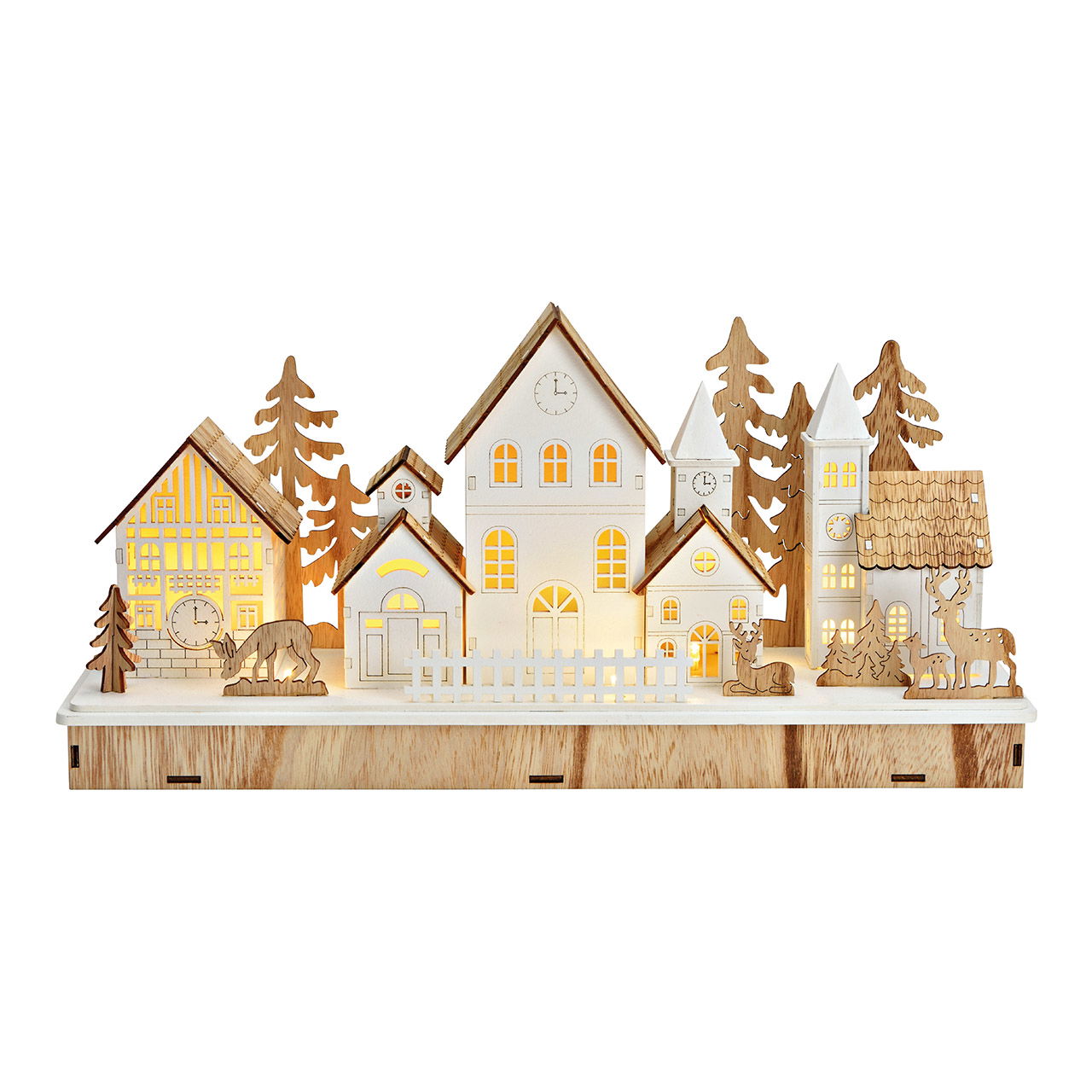 Scène d'hiver avec LED en bois de tilleul blanc (L/H/P) 44x21x13cm Scène d'hiver avec LED en bois de tilleul blanc (L/H/P) 44x21x13cm