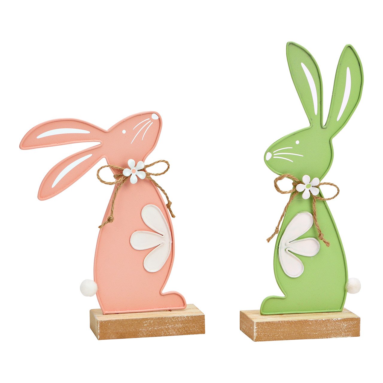 Metal rabbit stand on wooden base, 2-fold, green/pink (W/H/D) 8x18x4cm