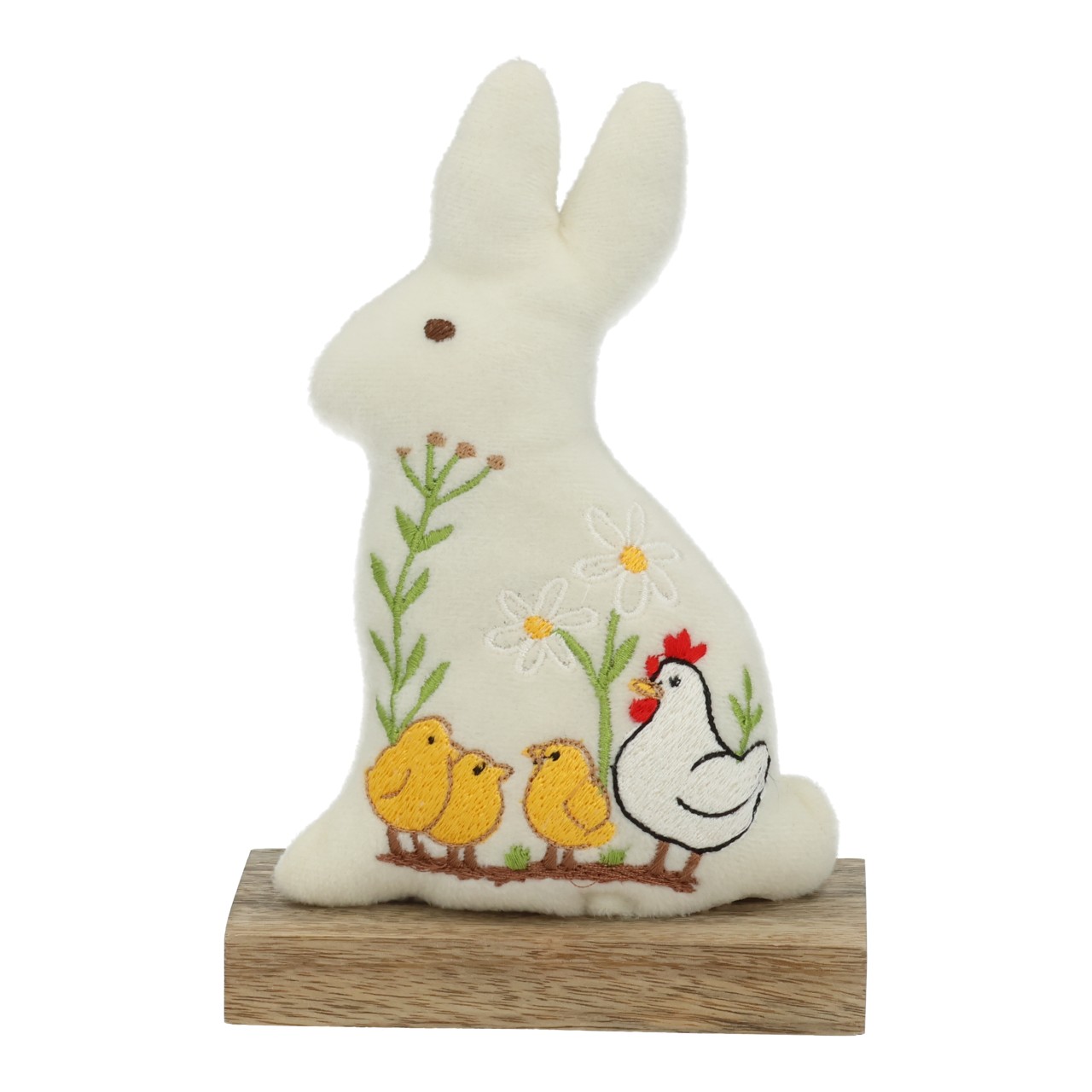 Coniglietto su legno di mango in tessuto bianco (L/H/D) 12x18x5cm Hase Figur, Filzfigur, Stofffigur, Embroidered design, Dekorfigur