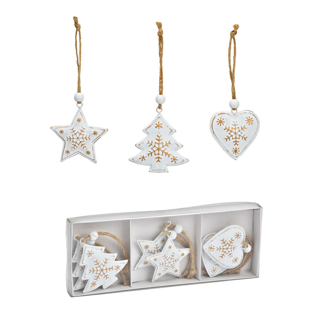 Christmas hanger set heart, star, tree, set of 6, made of metal white (W/H) 5x5cm