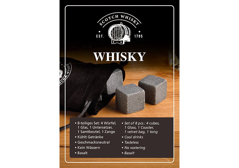 Whisky Set, Glaçons en pierre de basalte 2x2x2cm, 1 verre 9x8x9cm, 300ml, 1 pince , en verre Transparent Set de 8, (L/H/P) 14x20x11cm