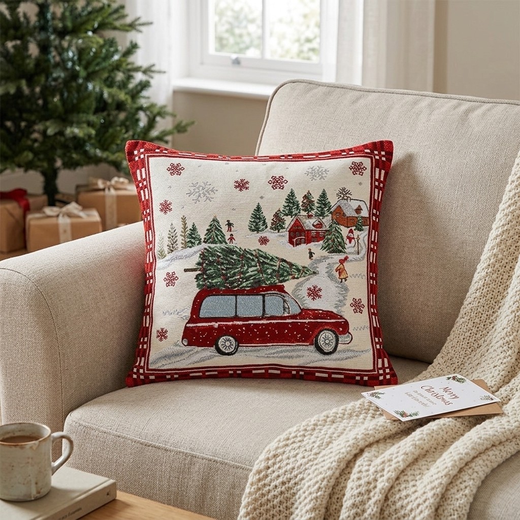 Kissenbezug Weihnachtsauto aus Textil, Beige/Rot (B/H) 45x45cm mit Reißverschluss Kissen, Weihnachten, Auto, Weihnachtsdeko, Winter