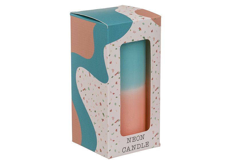 Pillar candle with gradient, apricot/turquoise gift box (W/H/D) 6x12x6cm