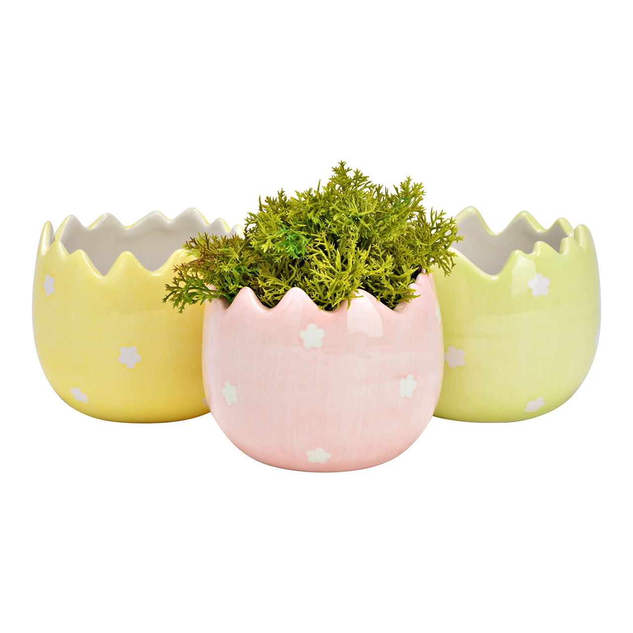 Flower pot Easter egg with flower decoration made of ceramic, 3-fold, yellow/green/pink (W/H/D) 9x9x9cm
