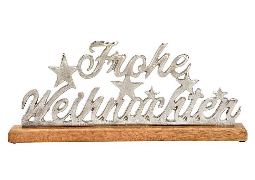 Aufsteller, Schriftzug, Frohe Weihnachten, auf Mangoholz Sockel, aus Metall Silber (B/H/T) 43x18x5cm