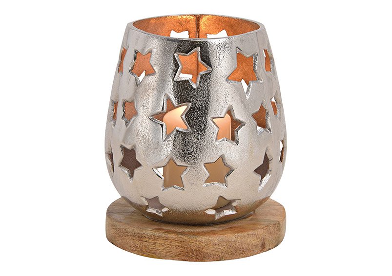 Windlicht Sterndekor aus Metall auf Mangoholzsockel Silber (B/H/T) 15x18x15cm