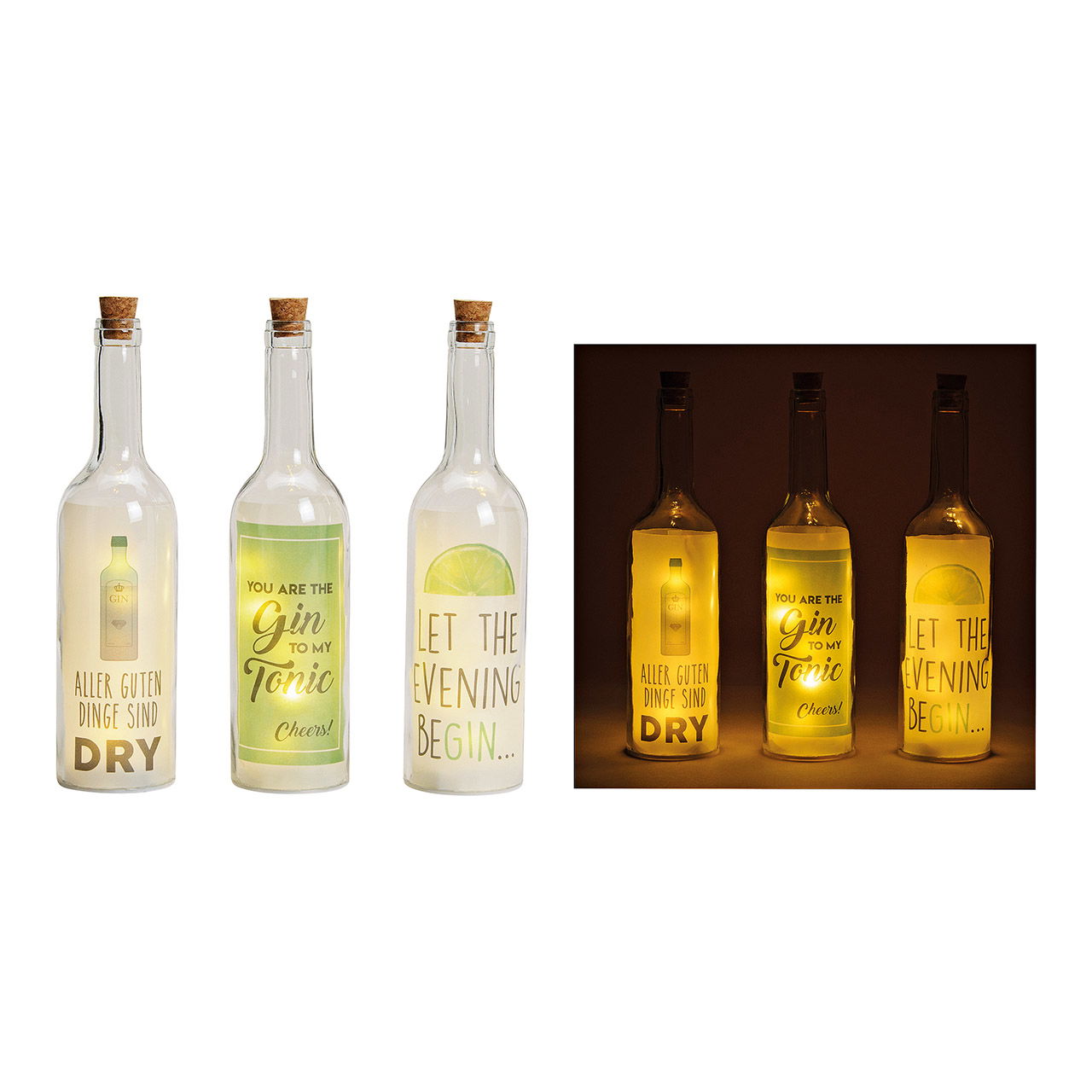 Glasflasche Sprüche `Gin`  5er Led Beleuchtung aus Glas Transparent 3-fach, (B/H/T) 7x29x7cm Glasflasche Sprüche `Gin`  5er Led Beleuchtung aus Glas Transparent 3-fach, (B/H/T) 7x29x7cm