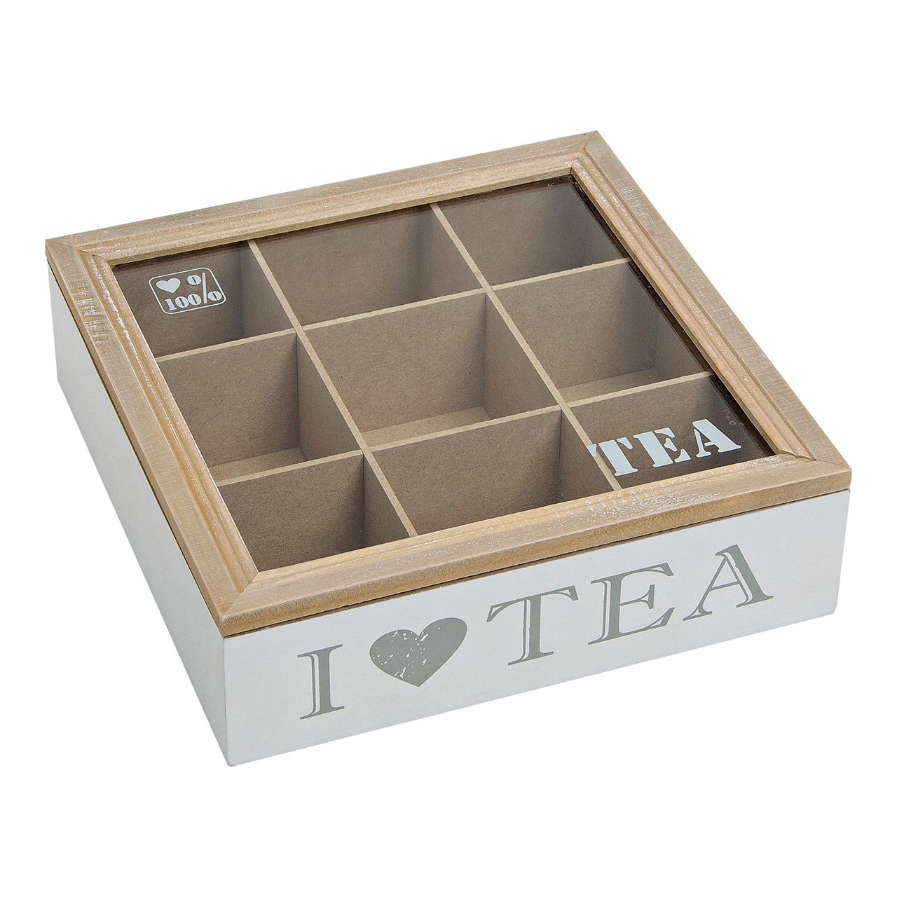 Caja de té para bolsas, 9 compartimentos, I Love Tea 24x7x24cm