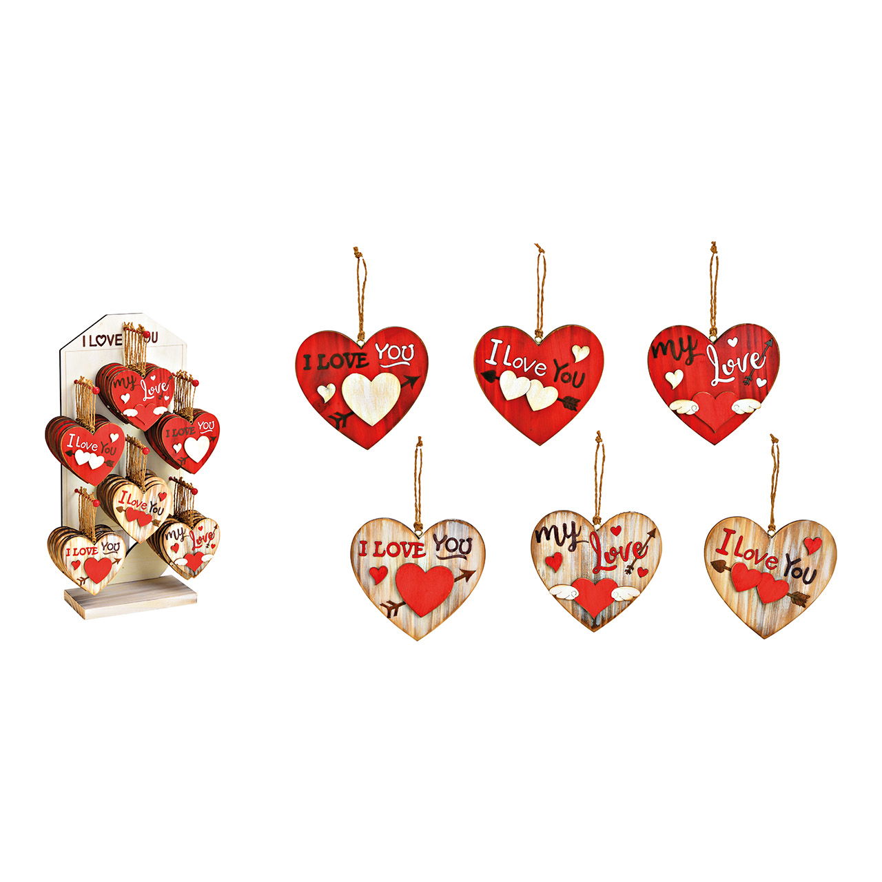 Cuore appendiabiti in legno rosso, naturale a 6 pieghe, (L/H/D) 10x10x1cm, 48 pezzi in esposizione 22x47x11cm Cuore appendiabiti in legno rosso, naturale a 6 pieghe, (L/H/D) 10x10x1cm, 48 pezzi in esposizione 22x47x11cm