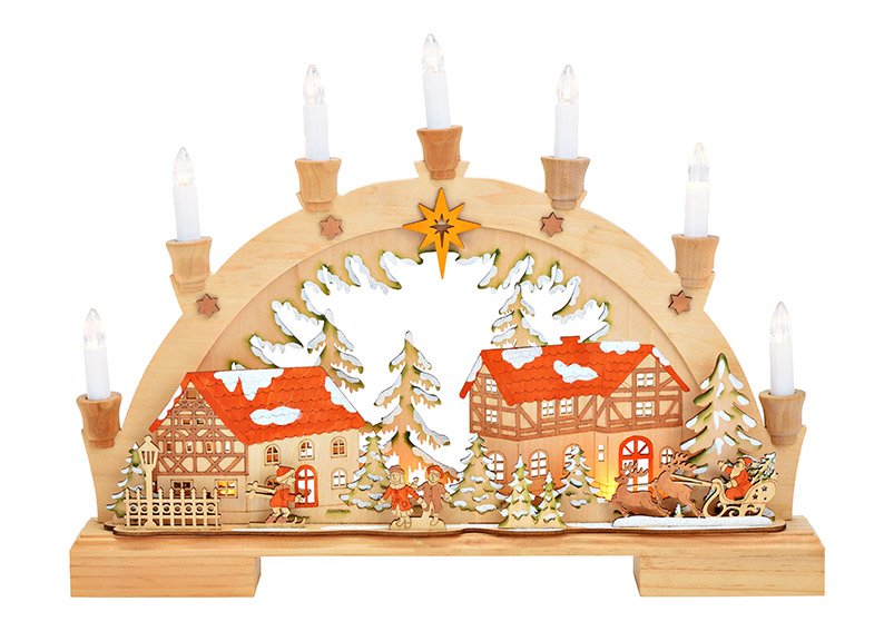 Light arch winter scene with 7 LED of wood natural (W/H/D) 45x33x6cm