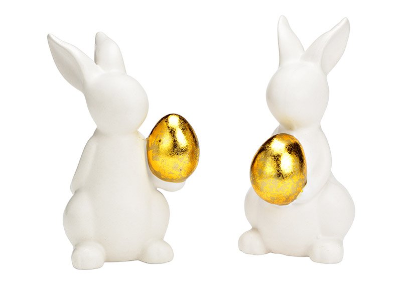 Coniglietto con uovo in ceramica bianca 2 pieghe, (L/H/D) 8x14x8cm