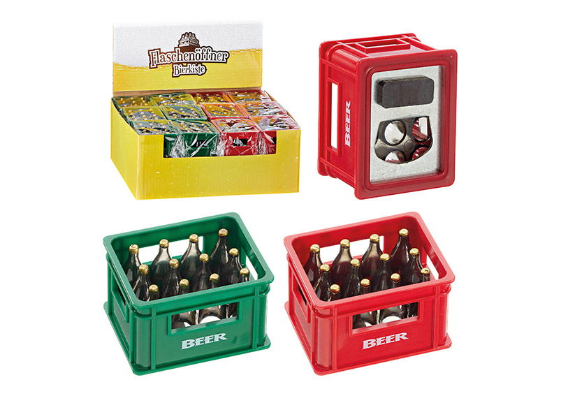 Bottle opener, beerbox, plastic, iron, red and green 2 asst. 6x6x6cm