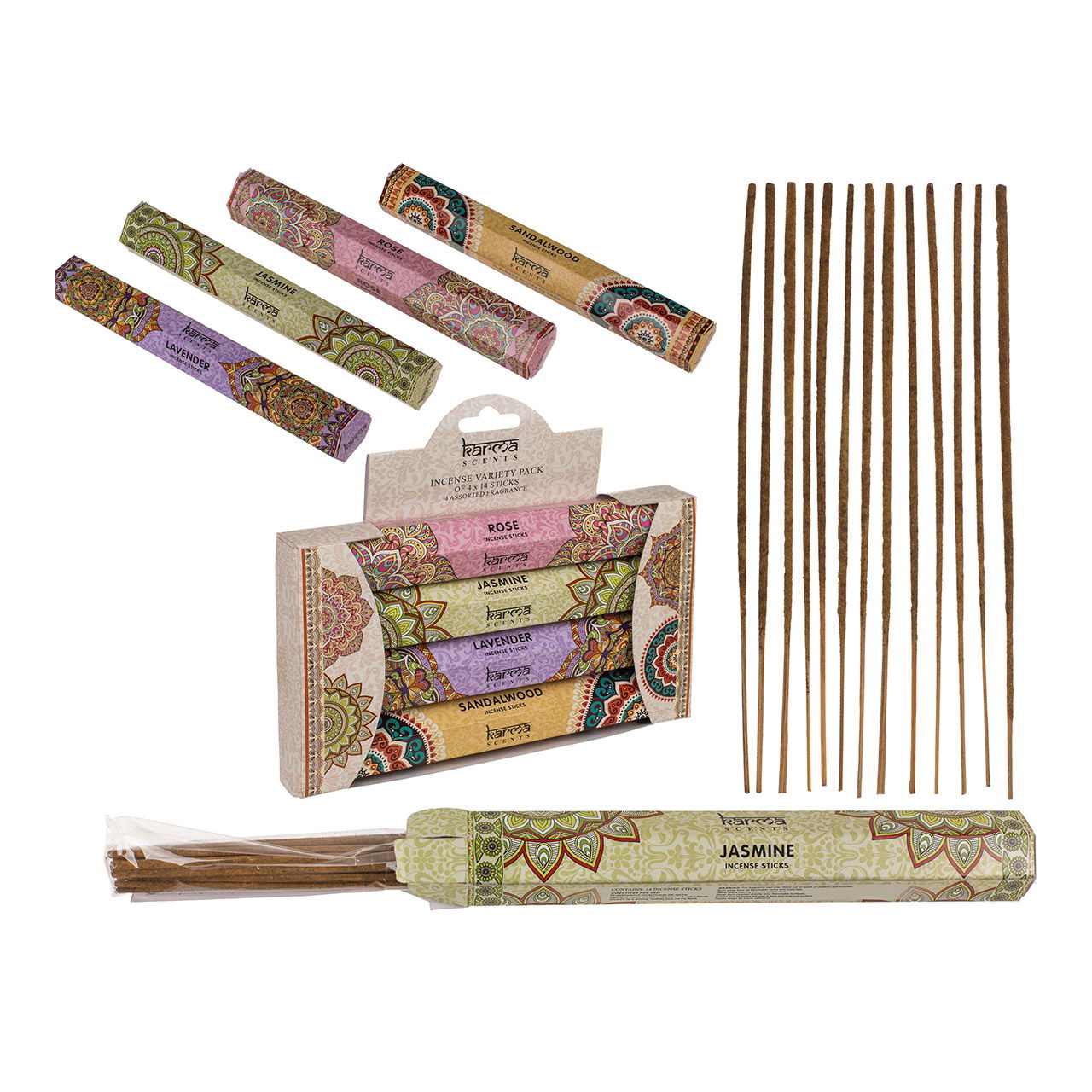 Räucherstäbchen Set, Karma, 4 Düfte a 14 Sticks, Jasmin, rose, Lavendel, Sandelholz 4-fach, (B/H/T) 2x20x2cm im Geschenkkarton mit Eurolochung, für DE EN FR ES PT IT NL