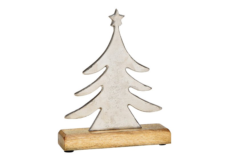 Christmas tree on mango wood base of metal silver (W/H/D) 18x22x5cm