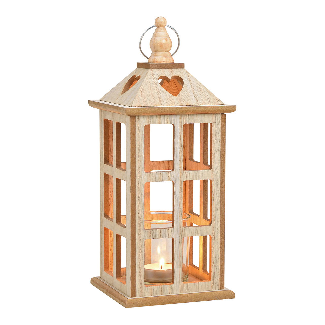 Farol, portavelas, madera, vidrio, natural (A/H/D) 13x32x13cm