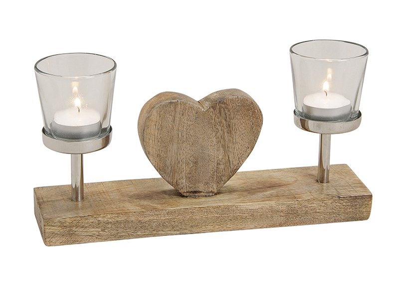 Vento luce cuore per 2 luci di tè in legno di mango/metallo/vetro marrone (L/H/D) 28x16x7cm
