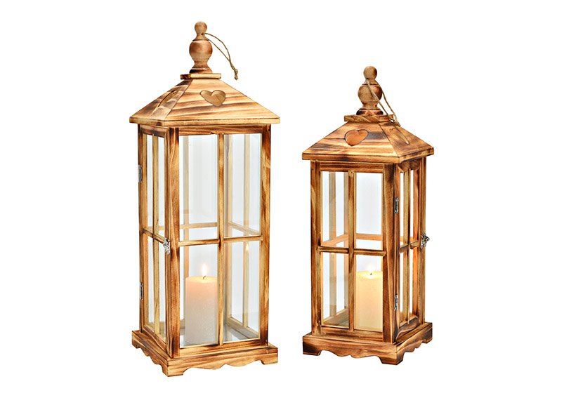 Lantern set made of wood, glass brown, set of 2, (w / h / d) 22x62x22cm 16x45x16cm