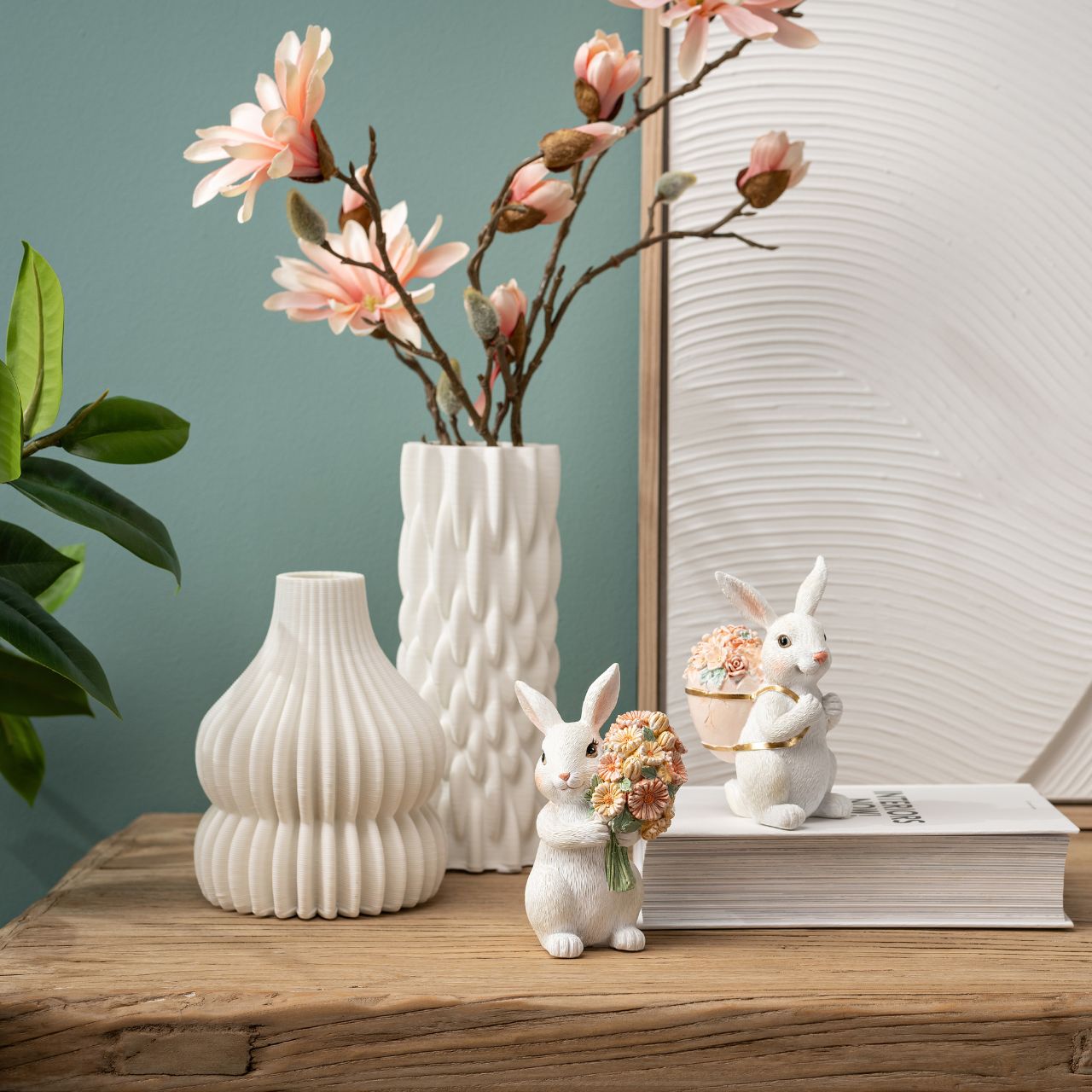 Figura de conejito con flores de poliéster, 2 pliegues, blanco/rosa/naranja (A/A/A) 6x12x8cm Figura de conejito con flores de poliéster, 2 pliegues, blanco/rosa/naranja (A/A/A) 6x12x8cm