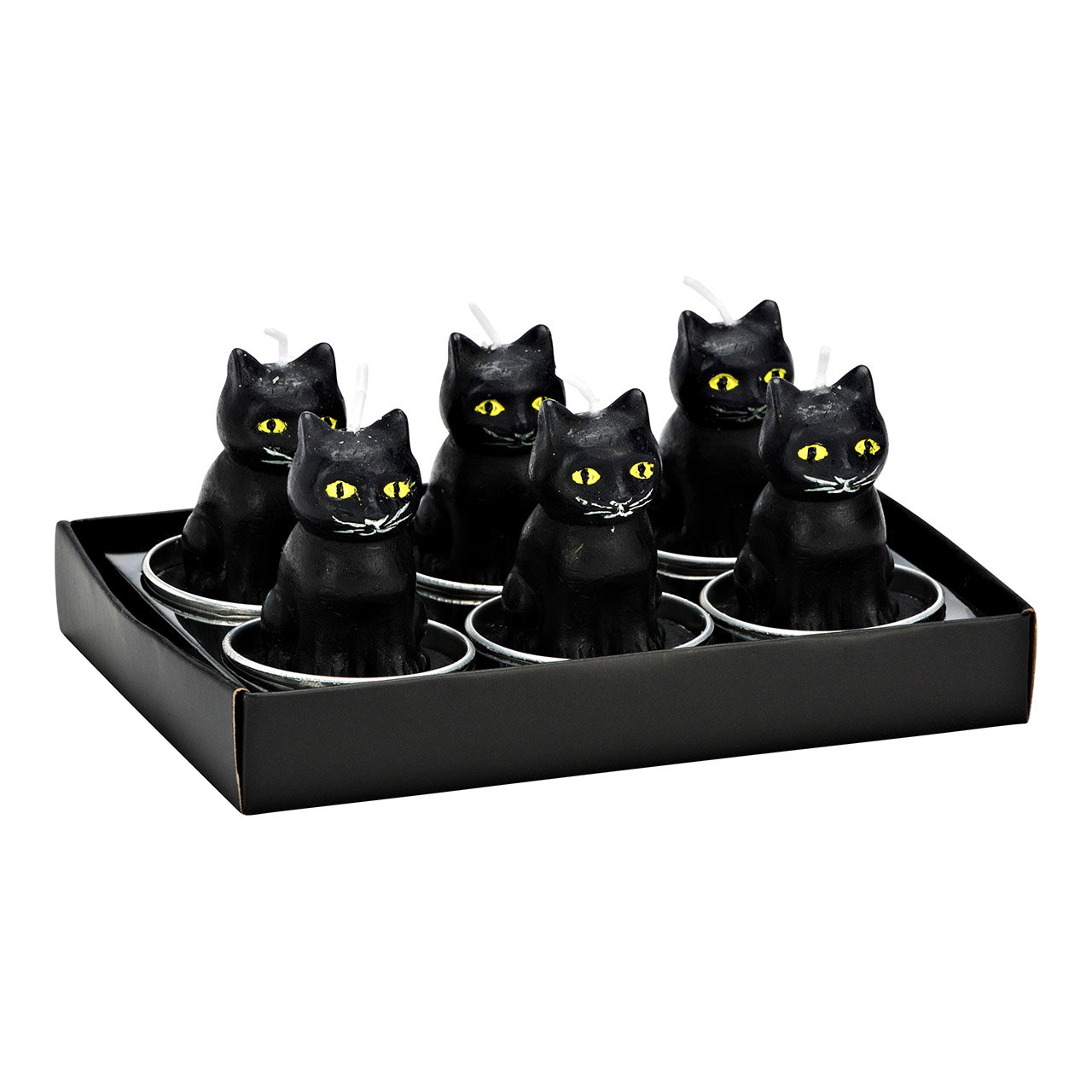 Teelicht-Set schwarze Katze 4x6x4cm aus Wachs, 6er Set, Schwarz (B/H/T) 14x7x9cm Teelicht-Set schwarze Katze 4x6x4cm aus Wachs, 6er Set, Schwarz (B/H/T) 14x7x9cm