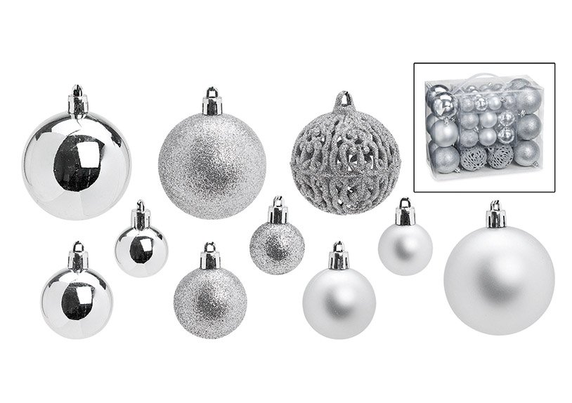 Kerstballenset, zilver, set van 50, (B/H/D) 23x18x12cm Ø 3/4/6 cm