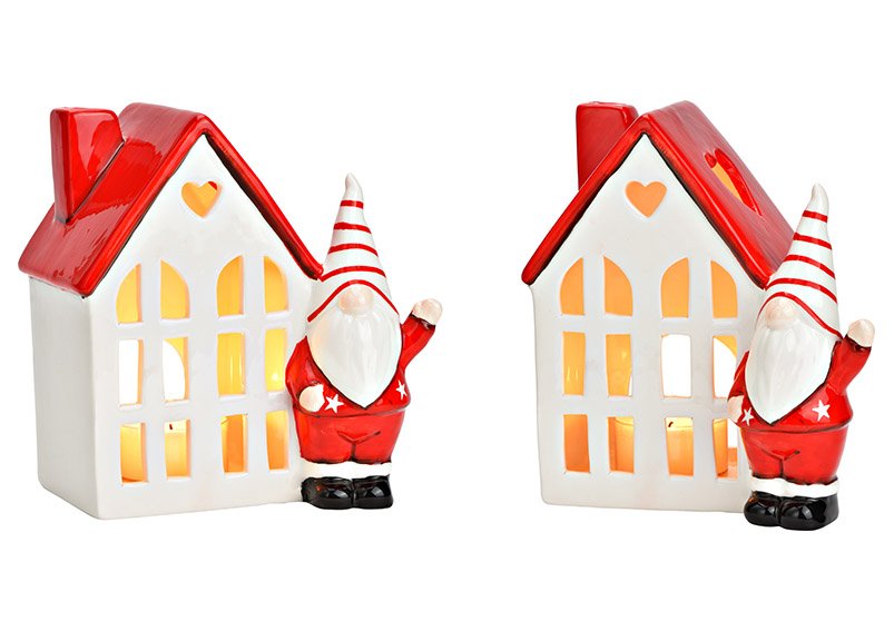 Windlicht Haus mit Wichtel aus Keramik rot, weiß (B/H/T) 18x18x12cm