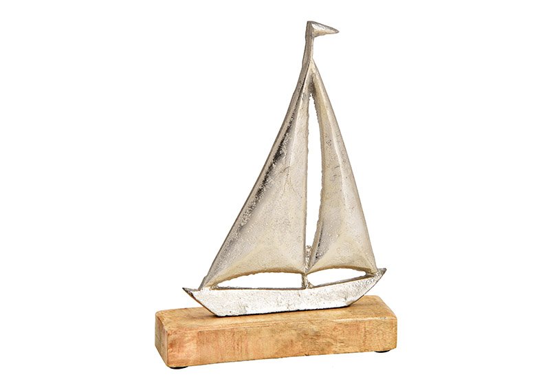 Stand sailboat on mango wood base of metal silver (W/H/D) 16x21x5cm
