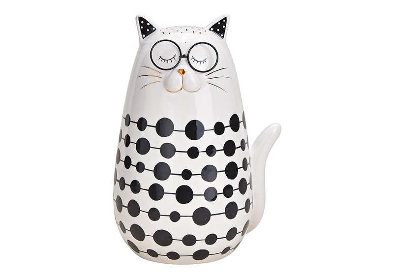 Gatto con occhiali, ceramica bianca, (w/h/d) 17x24x14cm