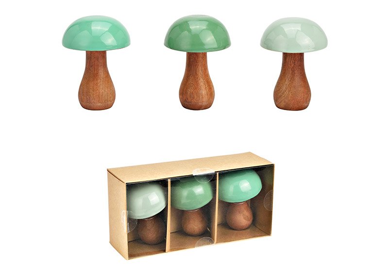 Mushroom set of 3, made of mango wood green (W/H/D) 8x12x8cm