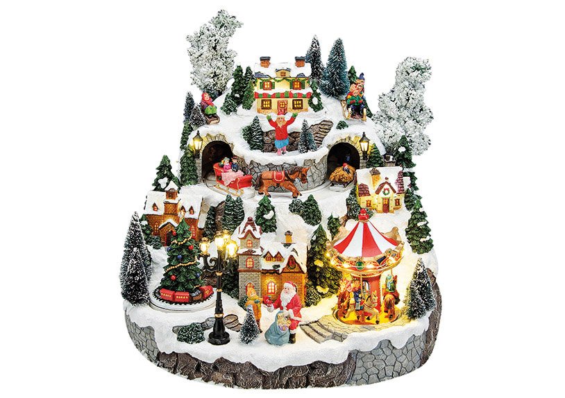 Scène d'hiver avec lumière, musique, animation. Père Noël, sapin, carrousel, en poly, 33x33x32cm