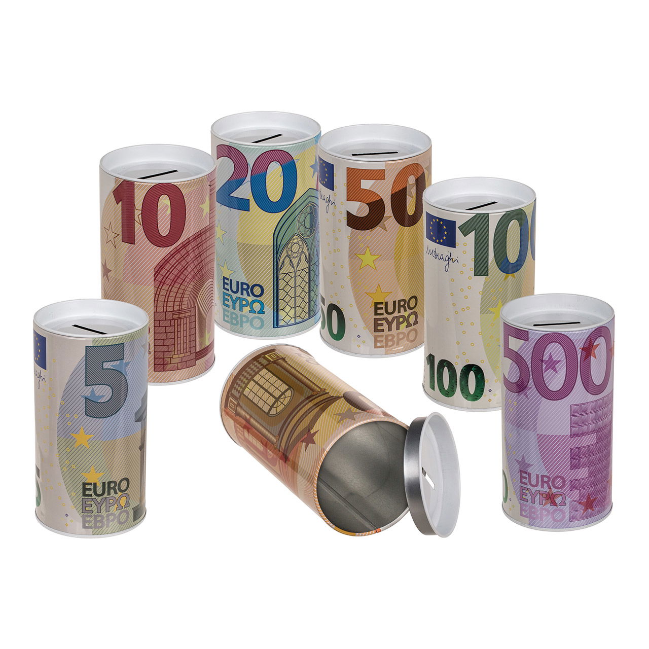 Money box Euro notes, removable lid, metal colorful 6-fold, (W/H/D) 8x15x8cm