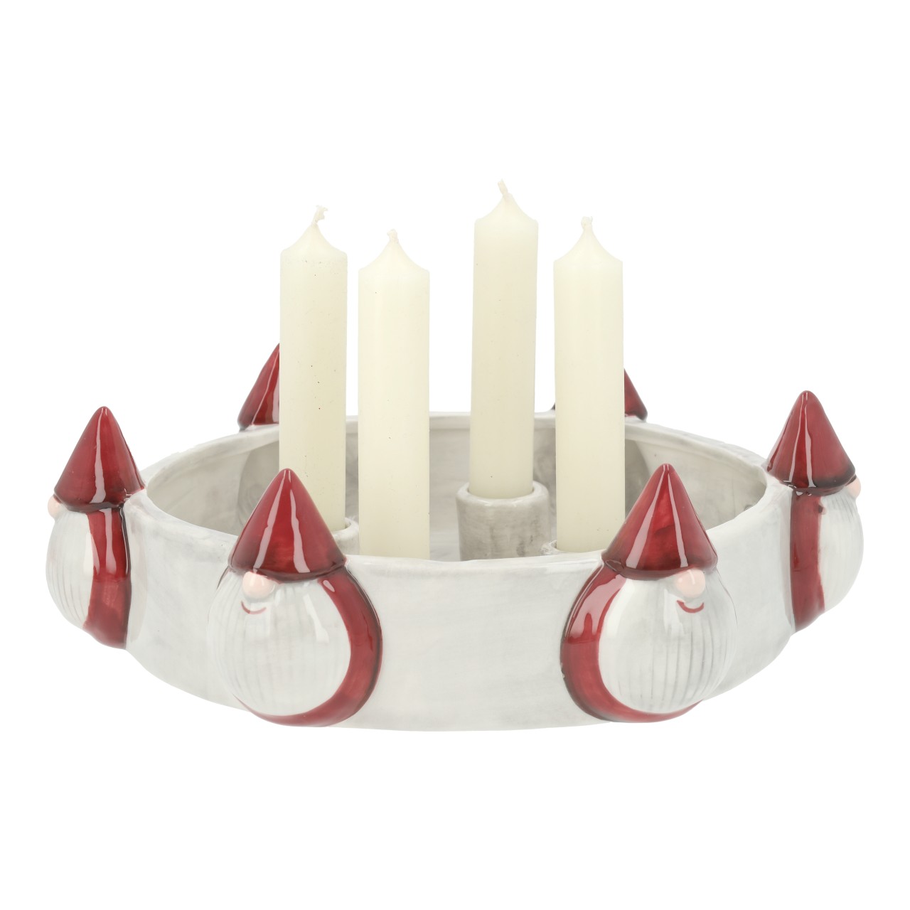 Advent wreath with gnome made of Bordeaux ceramic (W/H/D) 28x9x28cm Kuchenkerzenhalter, Kandelaber, Weihnachtsdeko, weißer Kerzenständer, rote Akzente