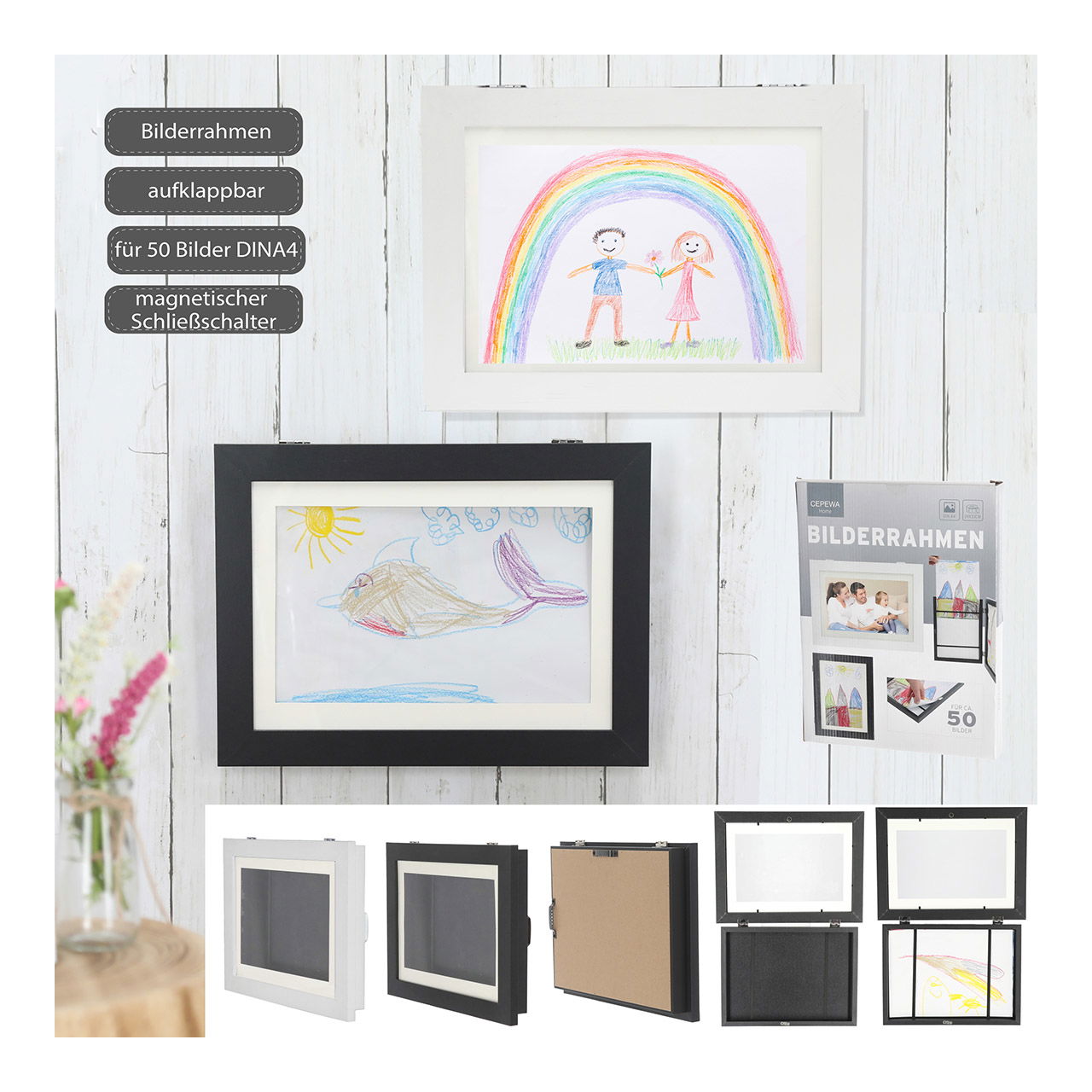 Cadre photo pour 50 photos DINA4 (dépliable) en bois, 2 fois, noir/blanc (L/H/P) 24x33x3cm Cadre photo pour 50 photos DINA4 (dépliable) en bois, 2 fois, noir/blanc (L/H/P) 24x33x3cm