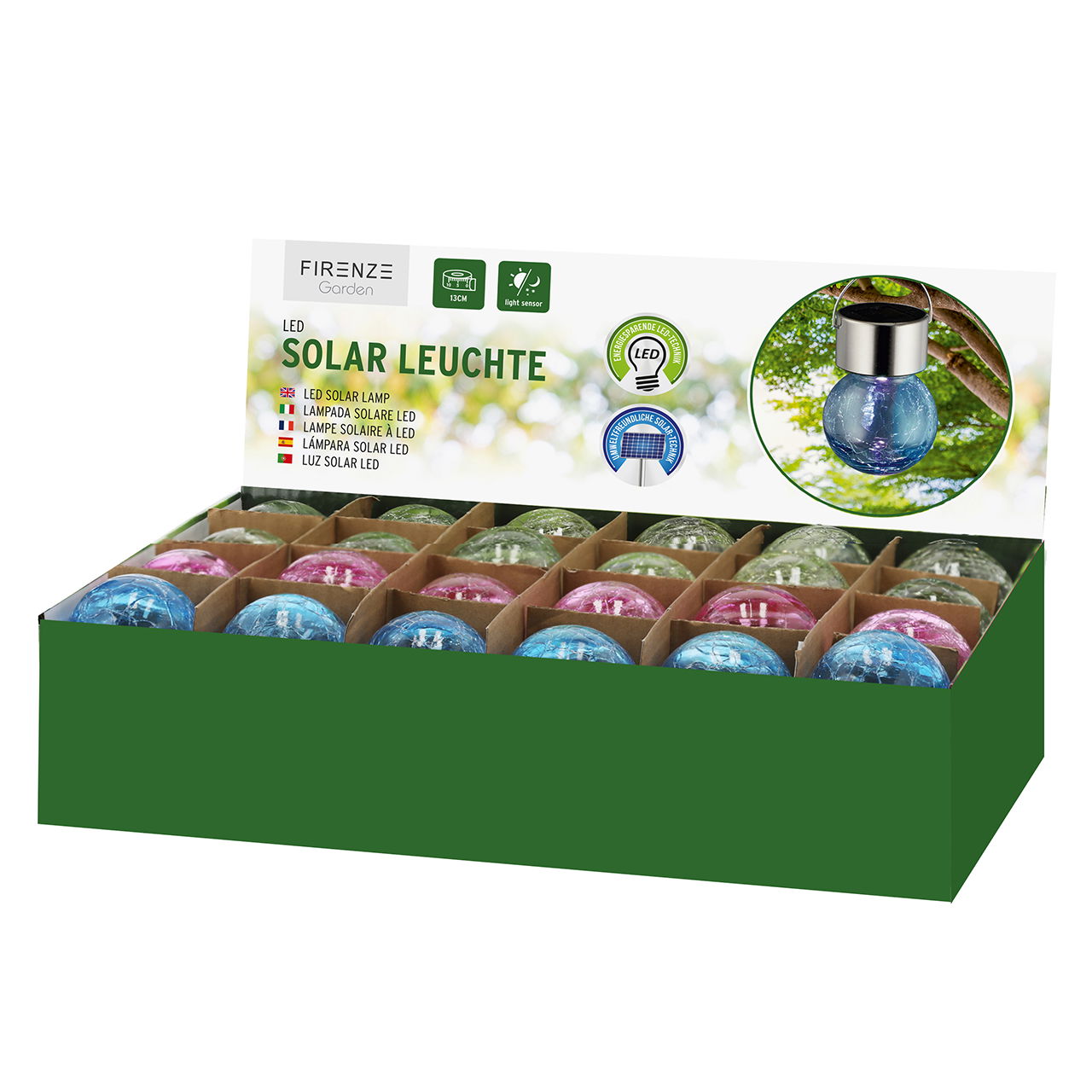 LED solar light with crackle effect made of glass/stainless steel/plastic (W/H) 6x13 cm in display, 24 assorted pcs, green/pink/blue (W/H/D) 6x13x6 cm Flasche, Kosmetik, Parfüm, Zubehör