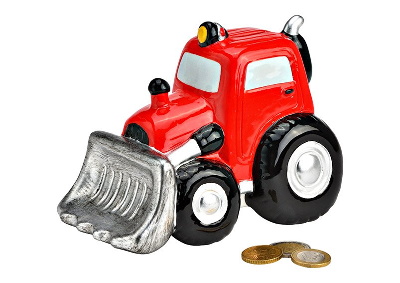Spaarpot tractor met schop rood (B/H/D) 16x12x11cm