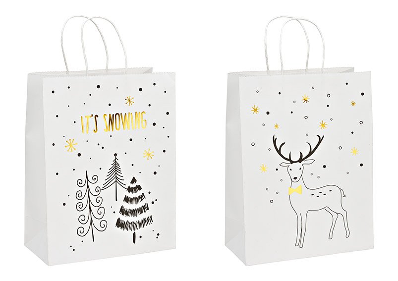 Gift bag, It`s snowing, deer, made of paper/cardboard white 2-fold, (W/H/D) 25x33x12cm